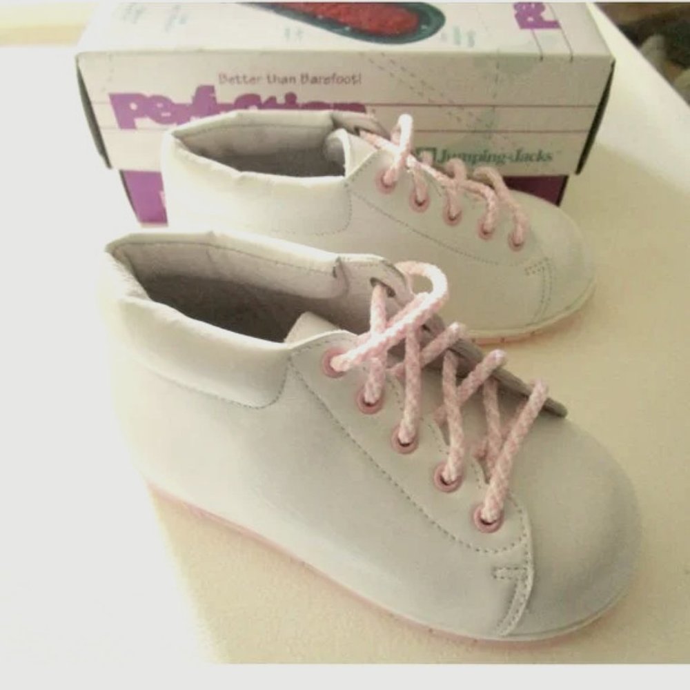 Perfection by Jumping Jacks Walking Toddler Shoes White Leather w/Pink Trim New
